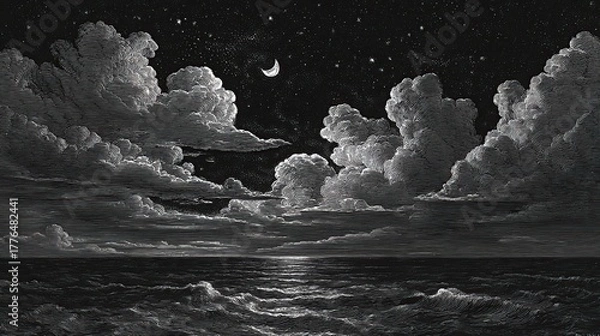 Obraz Engraving style, peaceful black and white sea. Generative AI.