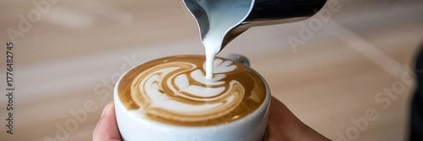 Fototapeta Close up pouring milk into cup of espresso creating latte art