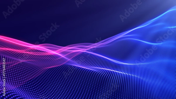 Fototapeta Abstract gradient particle waves flowing with soft light and bokeh. Fuchsia and blue digital waves. Technology, engineering, science, and artificial intelligence background.