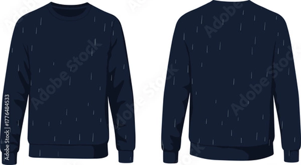 Fototapeta Navy blue sweatshirt, vertical white lines, crew neck, fashion sketch, front and back view, minimalist style, apparel design, vector illustration