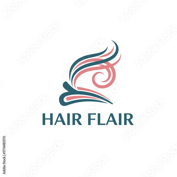 Fototapeta A logo features flowing lines resembling hair, with a curled element and text below