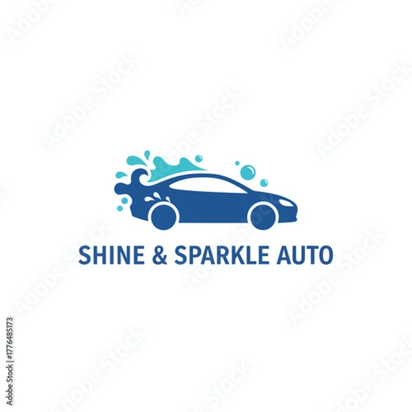 Fototapeta Stylized, blue car graphic with water droplets and bubbles, alongside descriptive text on a white backdrop