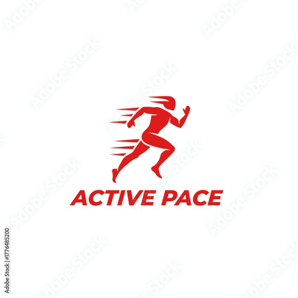 Fototapeta A red silhouette of a person running with speed lines, below it the words "ACTIVE PACE" are in red