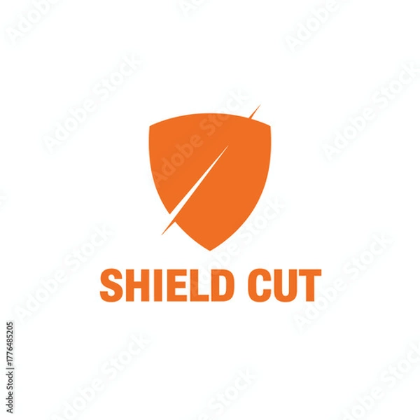 Fototapeta Orange shield illustration, with diagonal lines and bold  "SHIELD CUT" below on a white backdrop