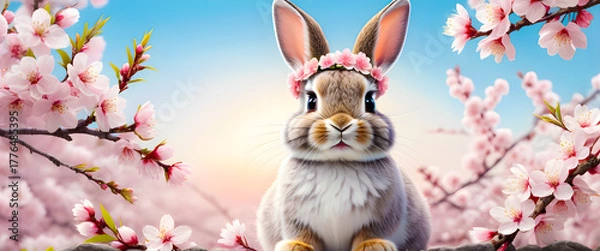 Fototapeta Cute bunny wearing flower crown under cherry blossoms. Adorable rabbit surrounded by pink sakura flowers. Spring illustration of rabbit with floral wreath. Lovely rabbit in pastel spring garden scene.