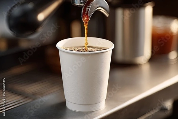 Obraz Freshly brewed dark beverage streams into a disposable cup from a metal dispenser