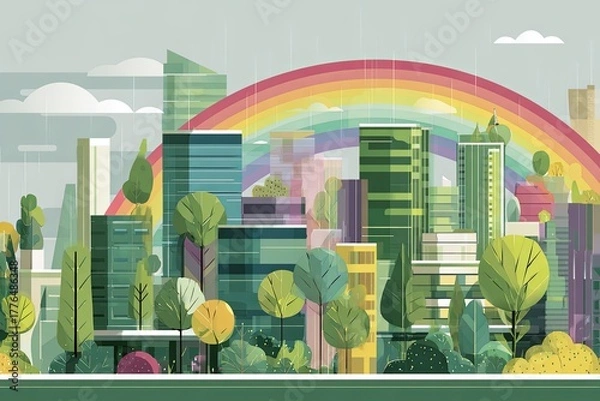 Fototapeta Modern cityscape features towering structures interspersed with lush greenery beneath a vibrant arc in the sky