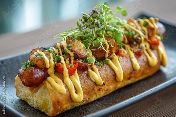 Fototapeta Gourmet sausage served in a toasted bun with premium toppings and mustard drizzle