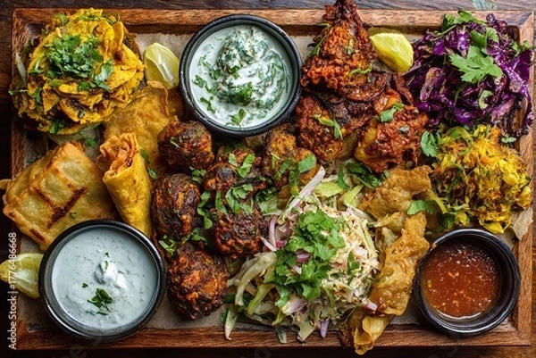 Fototapeta Assortment of richly seasoned appetizers and side dishes presented on a wooden platter