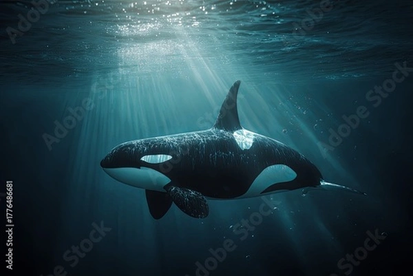 Obraz Orca swims gracefully beneath the sunlit ocean surface with dramatic light rays penetrating the deep blue water
