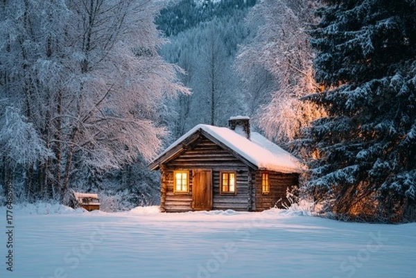 Obraz Rustic wooden dwelling glows warmly surrounded by snow-covered forest landscape at twilight