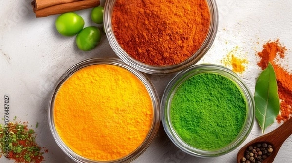 Obraz Vibrant Spices and Herbs on White Surface