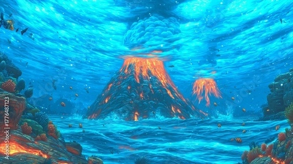 Fototapeta Underwater Volcano Eruption in a Fantasy Ocean World