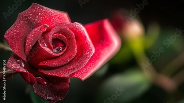 Fototapeta Red Rose with Dew in Bloom