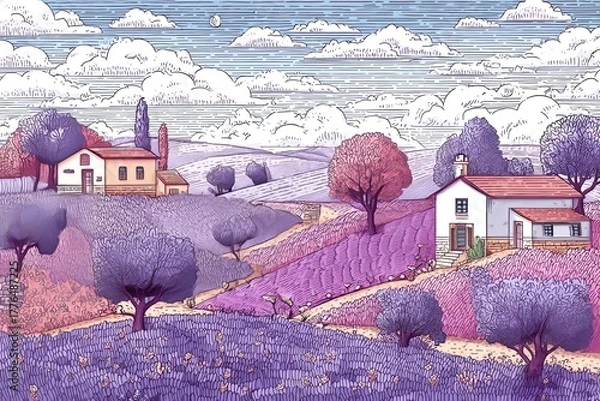 Fototapeta Idyllic rural landscape features rolling hills covered in flowering purple crops beside traditional stone residences under a vast sky.