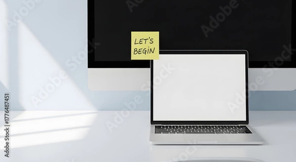 Obraz Laptop monitor and sticky note on desk. Suitable for digital marketing campaigns, website design, and remote work concepts.