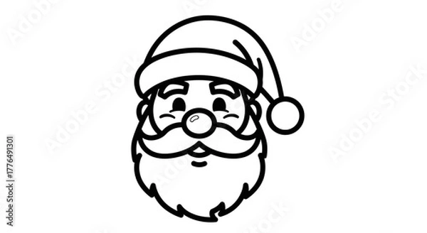 Fototapeta A simple black and white line art illustration of Santa Claus's face with a festive hat.