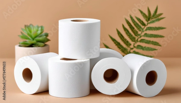 Obraz Recycling concept white toilet paper roll stack with green plant and fern for eco friendly bathroom decor and natural clean aesthetic