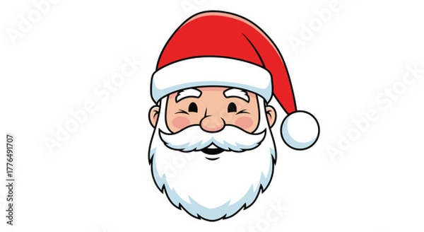 Fototapeta Cartoon illustration of Santa Claus's head with a red hat, white beard, and smiling face on a white background.