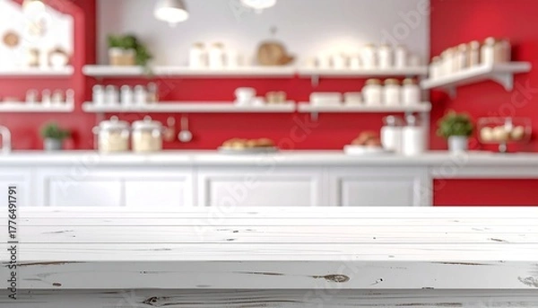 Obraz Empty white wooden counter with white bakery shelves background, blurred red color.