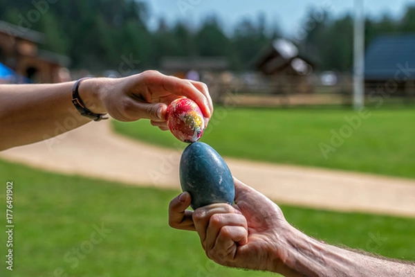 Fototapeta Colorful Easter egg cracking competition in a sunny park during spring festivities