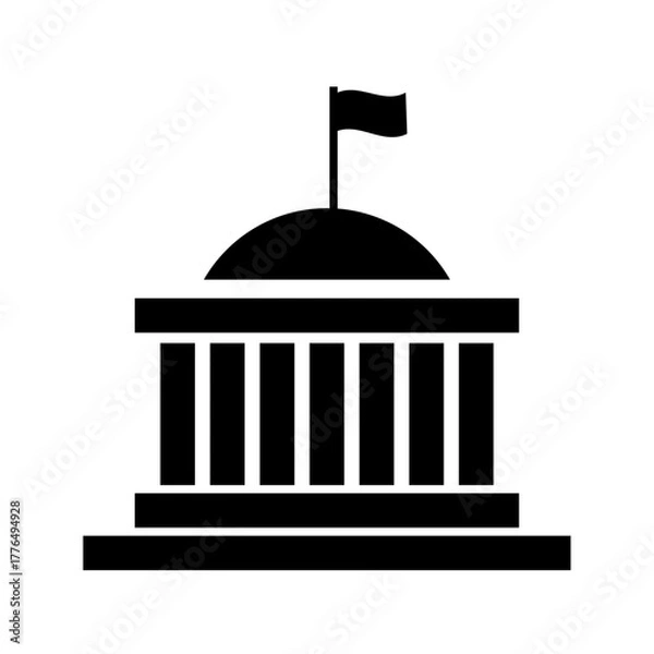 Fototapeta State building or courthouse with dome, columns, and flying flag vector icon silhouette