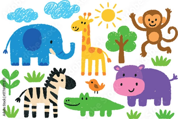 Fototapeta Cute hand-drawn jungle animals crayon illustration featuring elephant, giraffe, monkey, zebra, crocodile, hippo, bird, tree, clouds, and sun for kids design