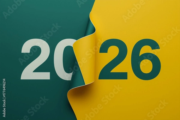 Fototapeta Happy New Year celebration illustration of a golden 3D number 2026 design with metal text and a holiday calendar concept