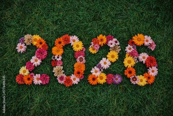 Fototapeta Colorful spring flower bouquet blossoms on green grass in the garden