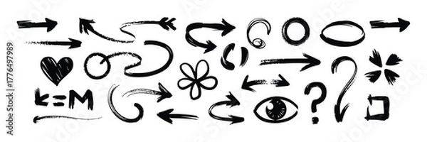 Fototapeta Collection of handdrawn black arrows, symbols, and shapes isolated on a white background