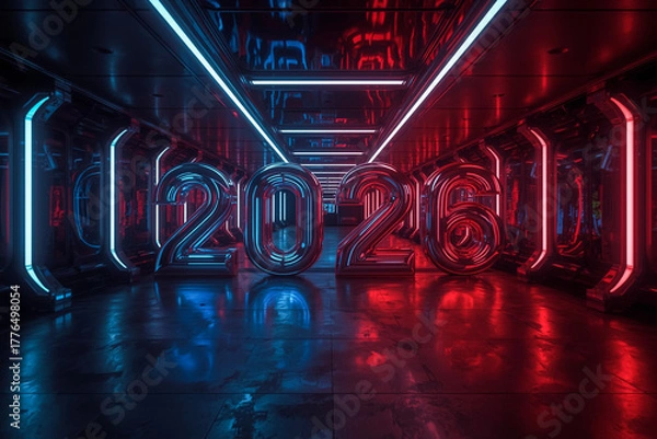 Fototapeta Abstract neon lights illuminate the night city wall, creating a colorful club atmosphere with 2026