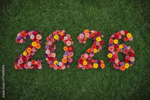 Fototapeta Spring nature illustration with green grass, decorative flowers, and colorful 3D letters for a holiday celebration symbol