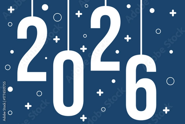 Fototapeta Modern Happy New Year 2026 illustration with hanging numbers,snow,and stars on blue background.Perfect for greeting cards,invitations and web banners.