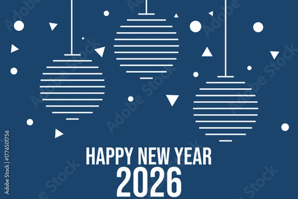 Fototapeta Minimalist Happy New Year 2026 design with hanging ornaments and snow.Modern blue winter background for greeting card,posters,banners and social media 
