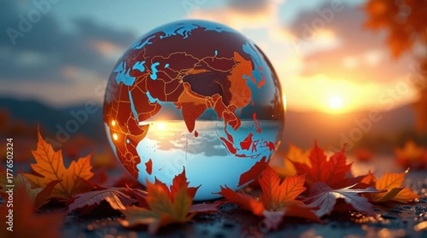 Obraz Glass globe with autumn leaves and sunset background symbolizing earth s beauty