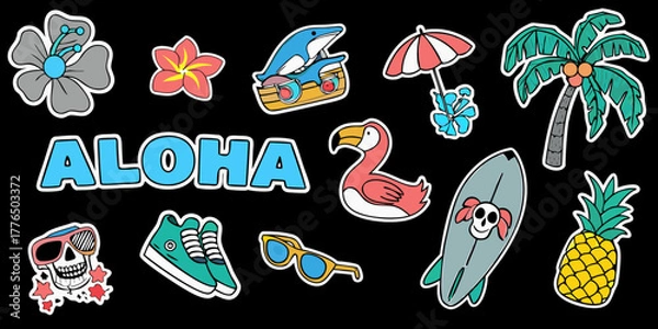 Obraz Aloha beach vacation stickers with tropical elements like palm trees pineapple flamingo and surfboard