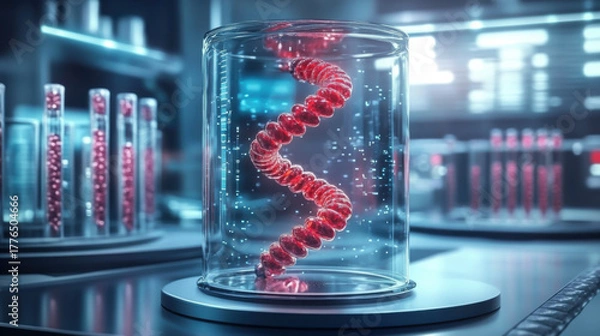 Fototapeta laboratory scene featuring colorful capsules and a spiral structure inside a glass container