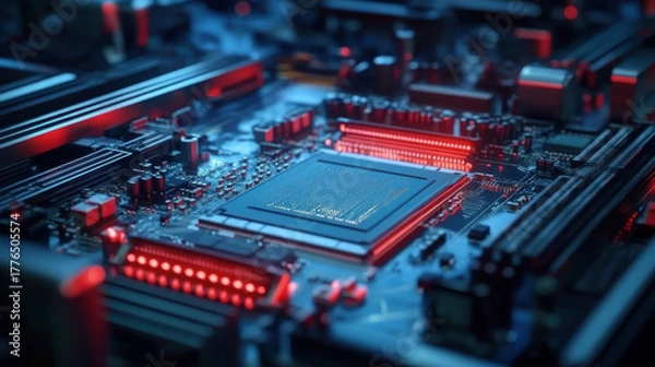 Fototapeta Printed Circuit Board with Advanced Processing Unit inside Component Installation Machine