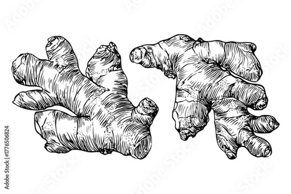 Fototapeta Two ginger root illustrations with botanical sketch style. Monochrome engraved ginger spice. Healthy food ingredient vector.