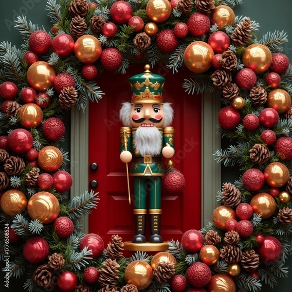Fototapeta A colorful christmas wreath adorned with pinecones and festive ornaments featuring a nutcracker hanging on a red door garlands decoration holiday isolated festive illustration winter christmas