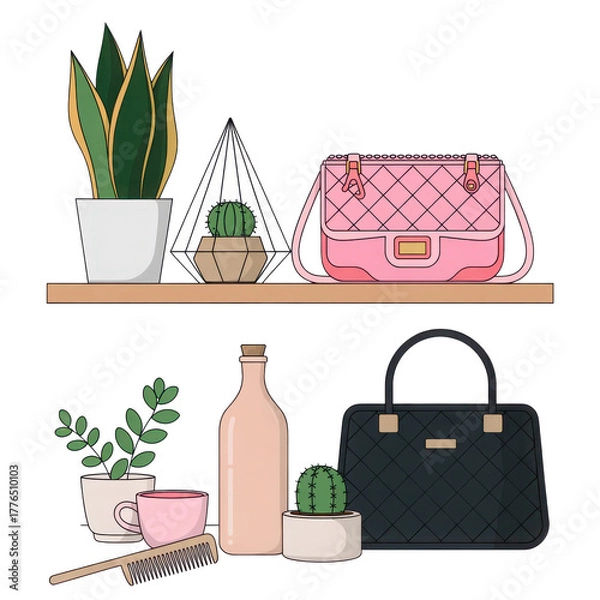 Fototapeta Stylish shelf decor with fashion and home accessories isolated on transparent background