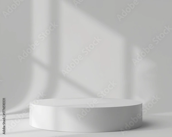 Fototapeta Minimalist white pedestal with soft window light and shadow overlay