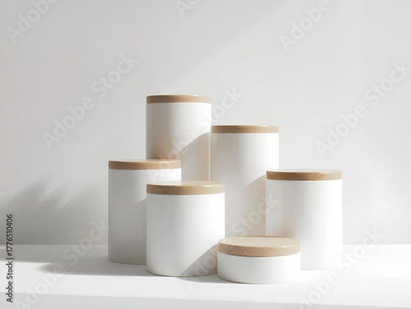 Fototapeta A set of minimalist white ceramic storage jars with wooden lids arranged neatly on a white surface, representing simplicity and modern kitchen aesthetics