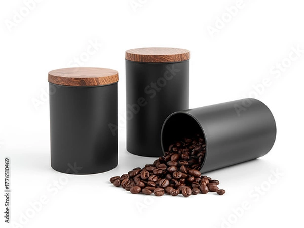 Fototapeta A minimalist black coffee container with wooden lid and roasted coffee beans spilled on a white surface, symbolizing modern kitchen style and caffeine culture