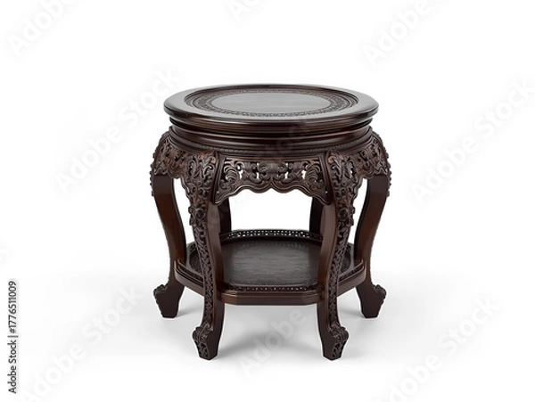 Fototapeta Antique Carved Wooden Table with Ornate Legs on White Background
