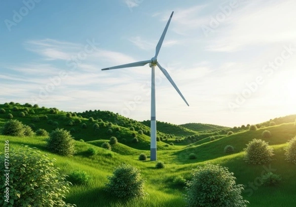Obraz Wind turbine standing tall on vibrant green hills under a bright blue sky, clean energy