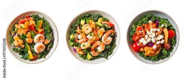 Obraz Three oval bowls of fresh salad with shrimp and vegetables isolated on transparent background