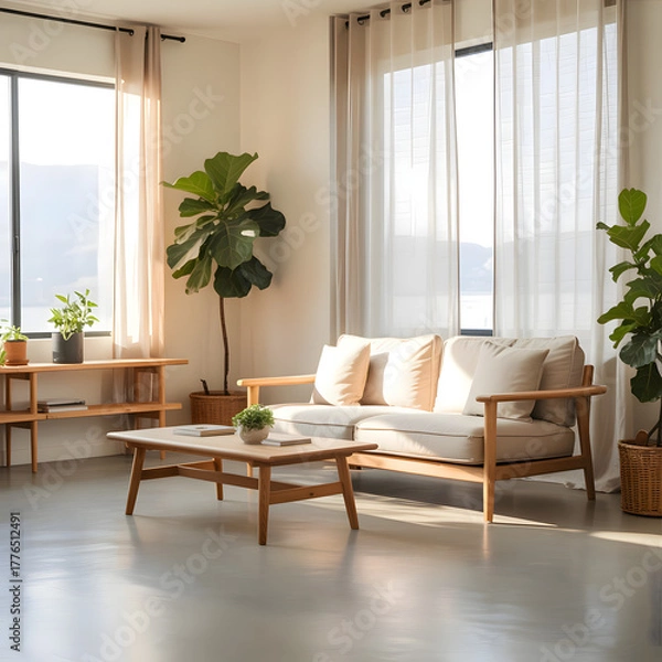 Fototapeta Bright and airy living room with natural light comfortable sofa wooden coffee table and lush green plants