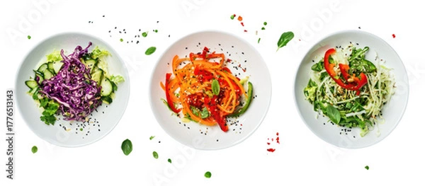 Obraz Three oval plates of colorful salads isolated on transparent background