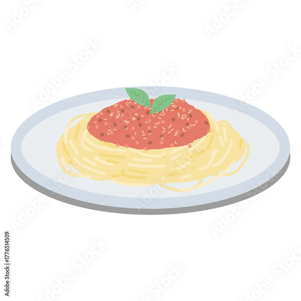 Obraz Vector illustration of spaghetti with meat sauce and basil leaves